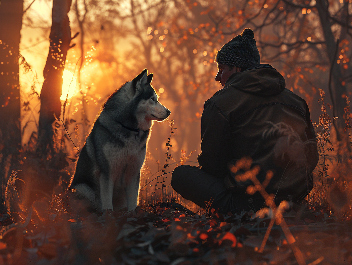 Educateur canin avec un chien malamute